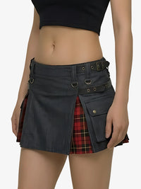Black and plaid skirt worn by a person on a white background