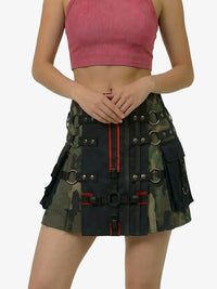 Person wearing a camouflage skirt with tactical design on a white background