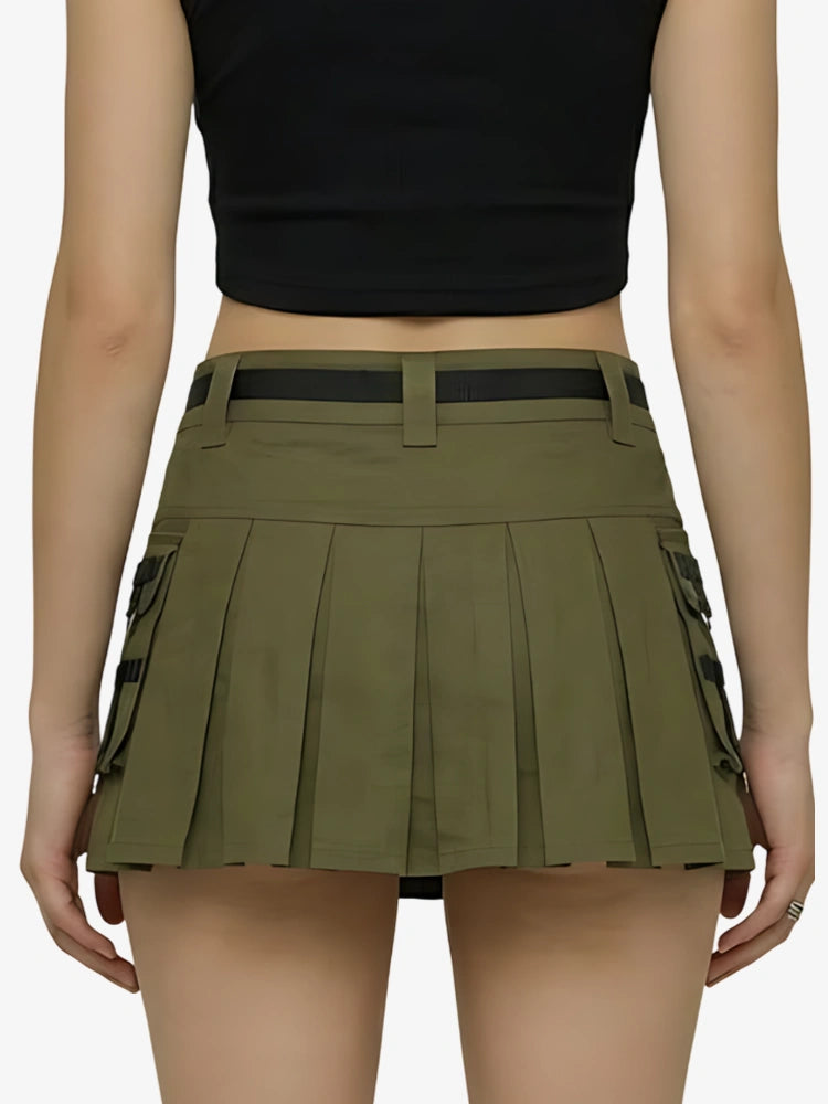Green pleated skirt with black belt and pockets on a white background