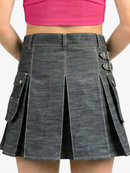 Gray denim skirt with silver buttons worn by a person against a white background