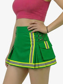 Green safety skirt with reflective stripes worn by a person on a white background