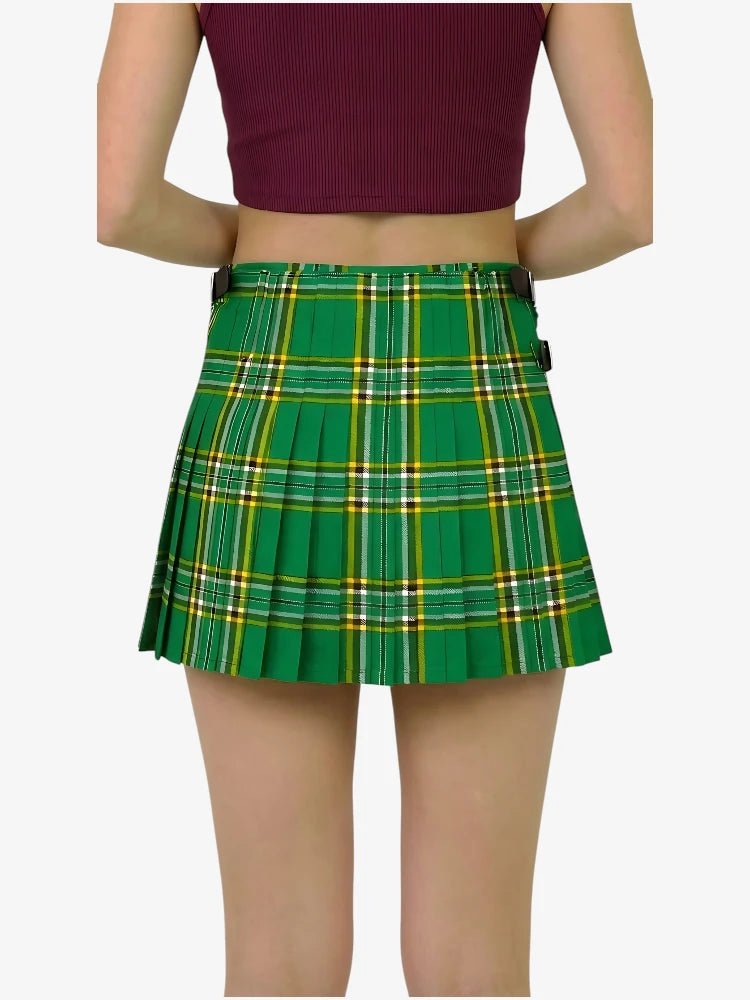 Green plaid skirt worn by a person on a white background