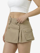 Beige cargo skirt worn by a person on a white background