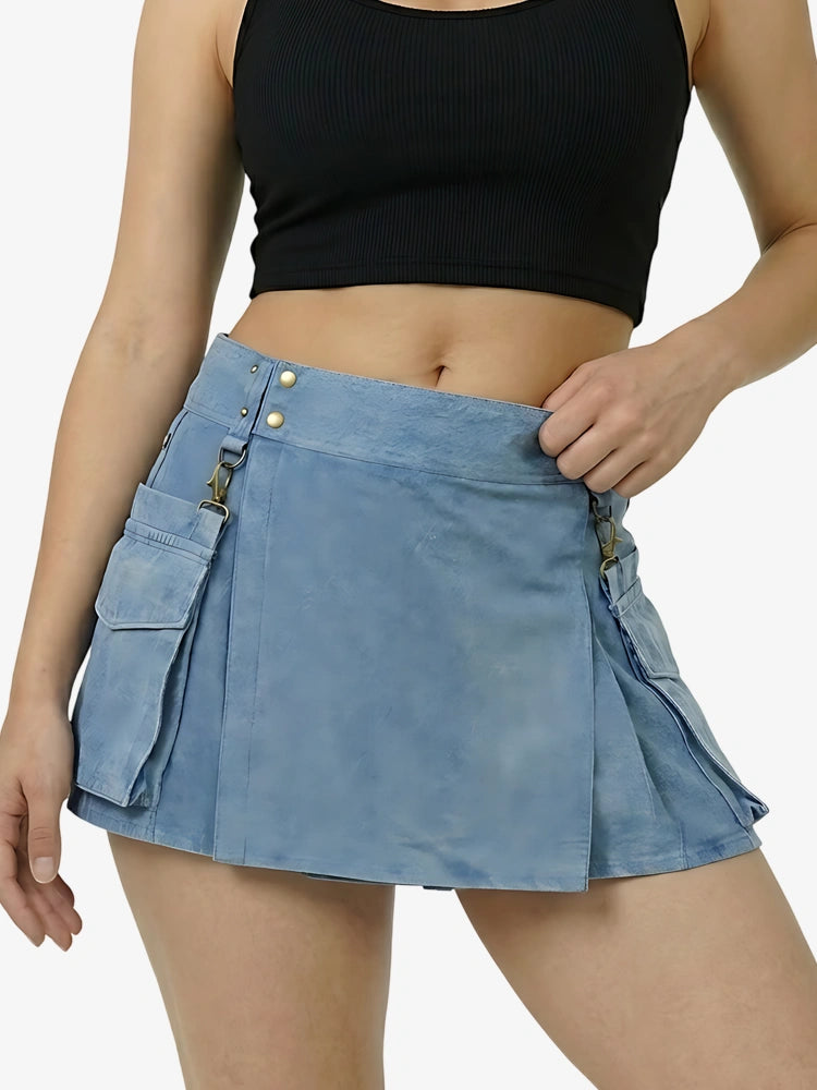 Women Light Blue Denim Utility Kilt