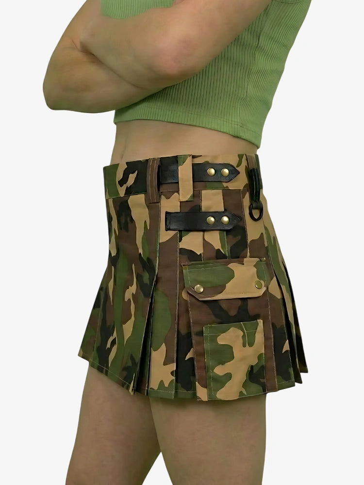 Camouflage skirt with leather straps on a white background