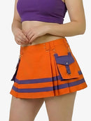 Orange skirt with purple accents worn by a person on a white background