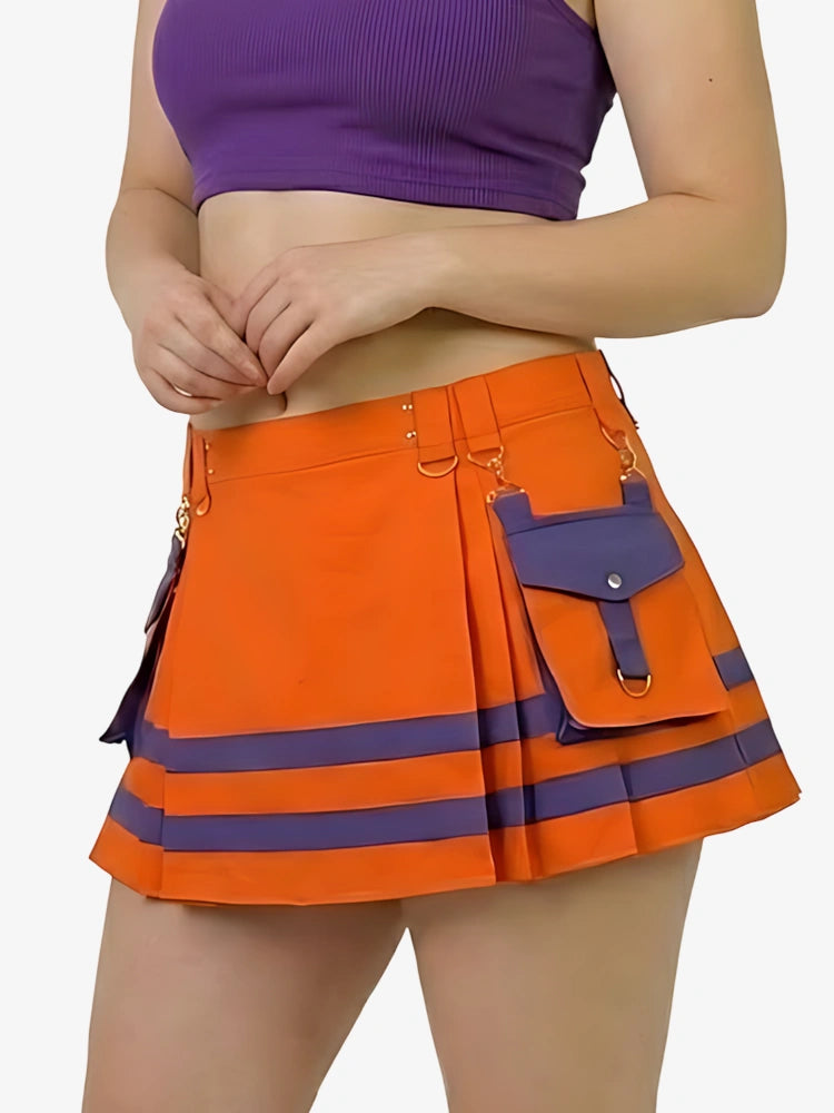 Orange skirt with purple accents worn by a person on a white background