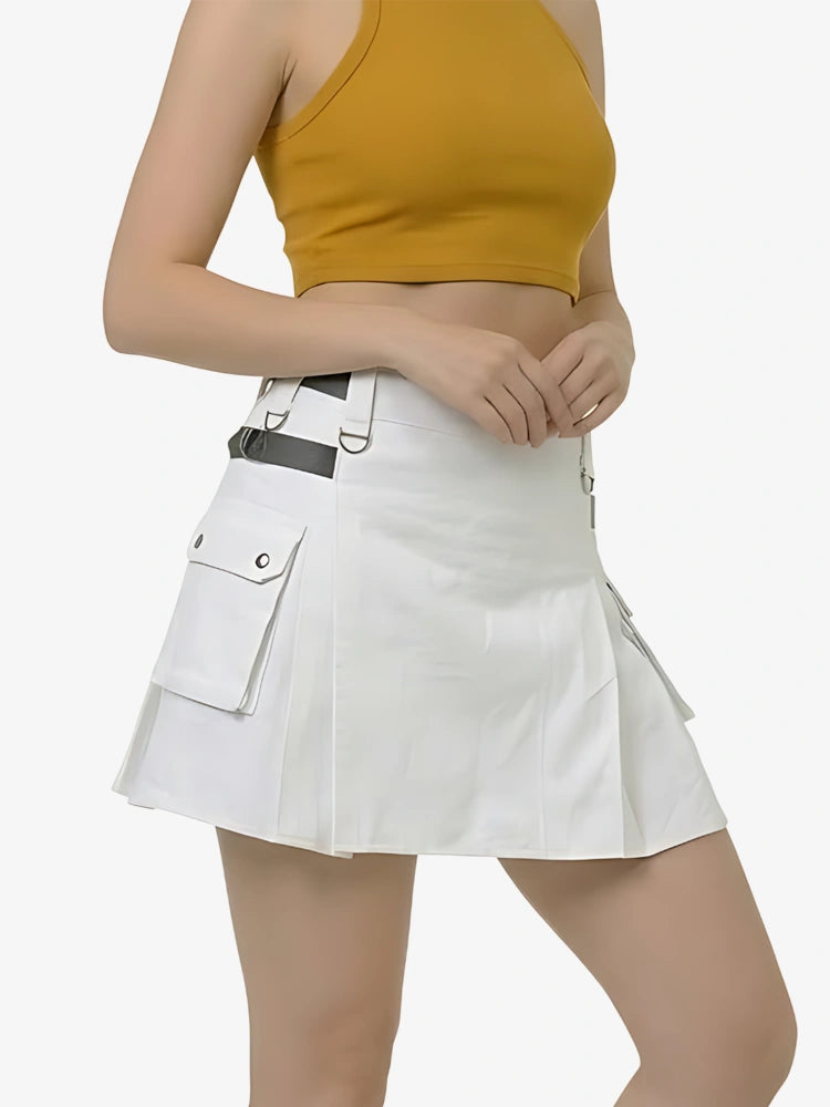 Women White Utility Kilt With Leather Straps